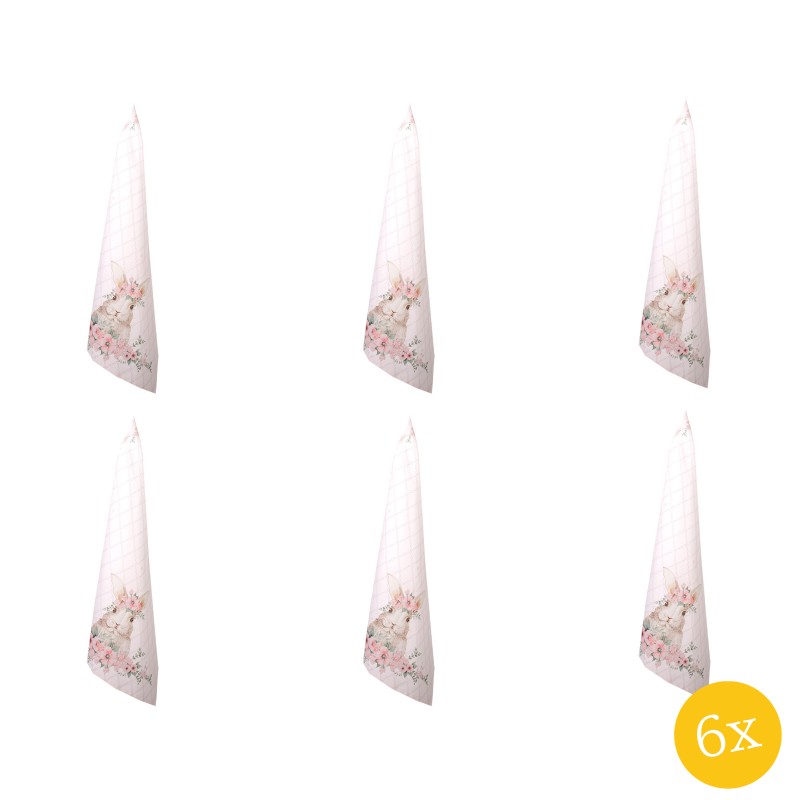 Clayre & Eef Theedoek  set van 6 stuks  50x70 cm Roze Katoen Konijn Keukenhanddoek