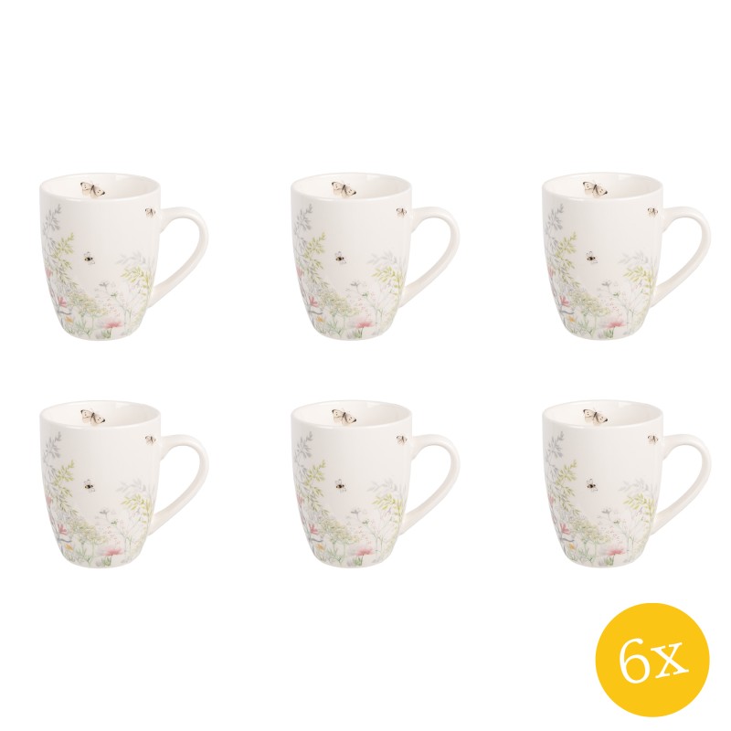 Clayre & Eef Mok  set van 6 stuks  350 ml Wit Porselein Bloemen Drinkbeker