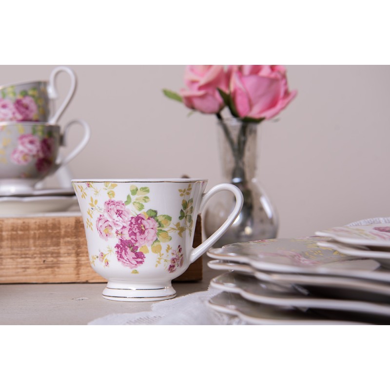 Clayre & Eef Cup and Saucer 200 ml White Porcelain Round Flowers