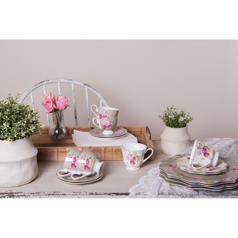 Clayre & Eef Cup and Saucer 200 ml White Porcelain Round Flowers