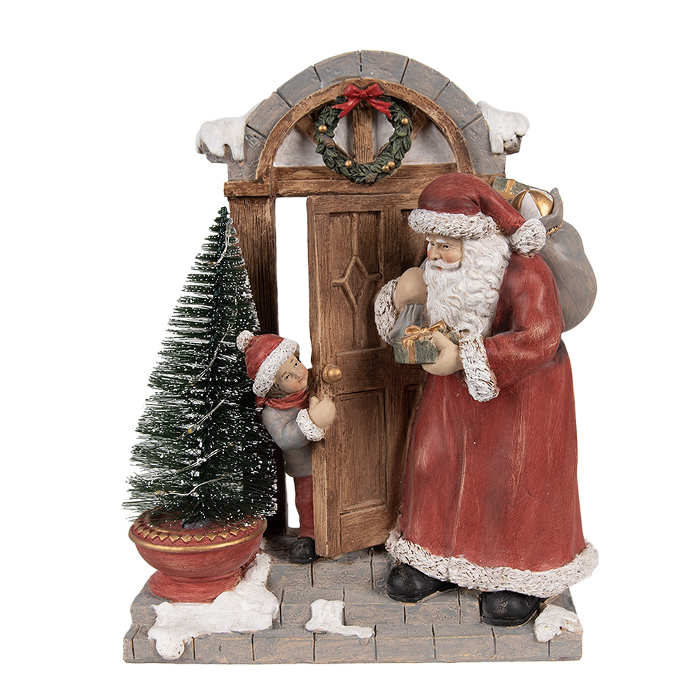 Clayre & Eef Kerstdecoratie met LED-verlichting Kerstman 18x8x22 cm Rood Bruin Polyresin afbeelding 1