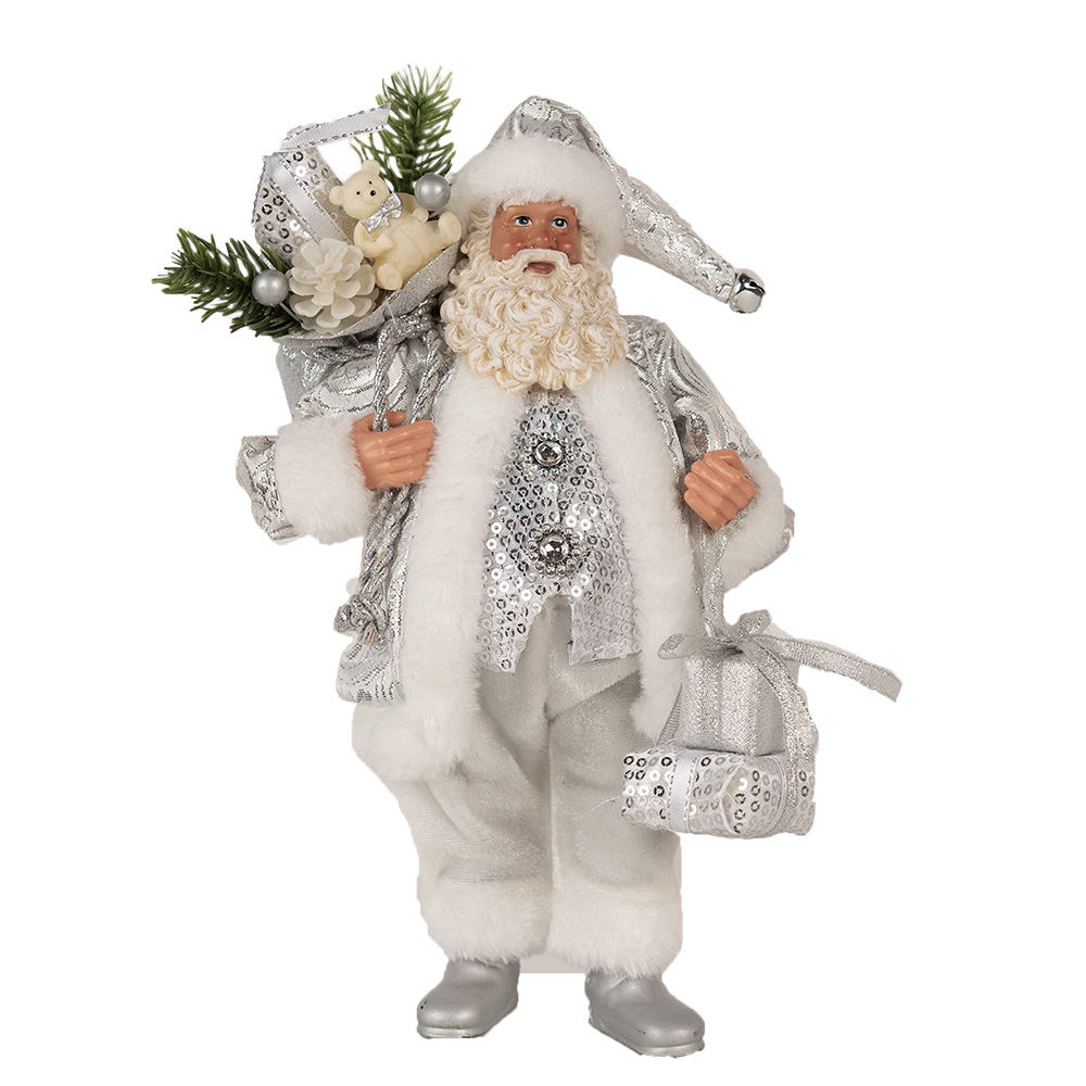 Clayre&Eef Kerstdecoratie Beeld Kerstman 27 cm Zilverkleurig Kunststof afbeelding