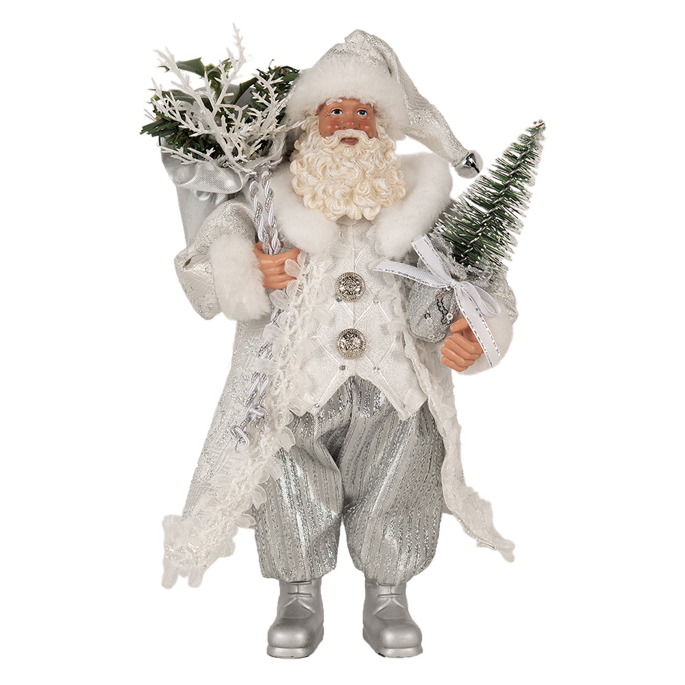 Clayre&Eef Kerstdecoratie Beeld Kerstman 27 cm Wit Zilverkleurig Kunststof afbeelding