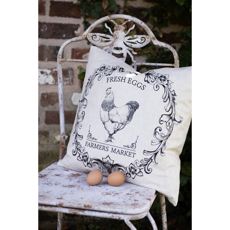 Clayre & Eef Cushion Cover 45x45 cm Beige Black Polyester Rooster Farmers Market