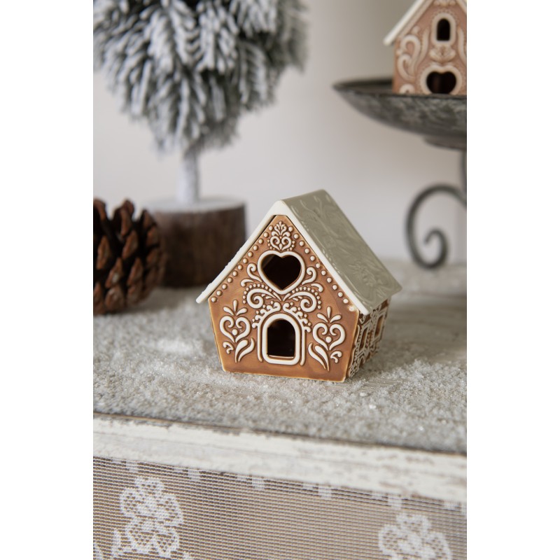 Clayre & Eef Tealight Holder Gingerbread house 9x7x8 cm Brown Porcelain