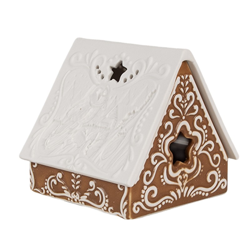 Clayre & Eef Teelichthalter Lebkuchenhaus 8x8x8 cm Braun Porzellan
