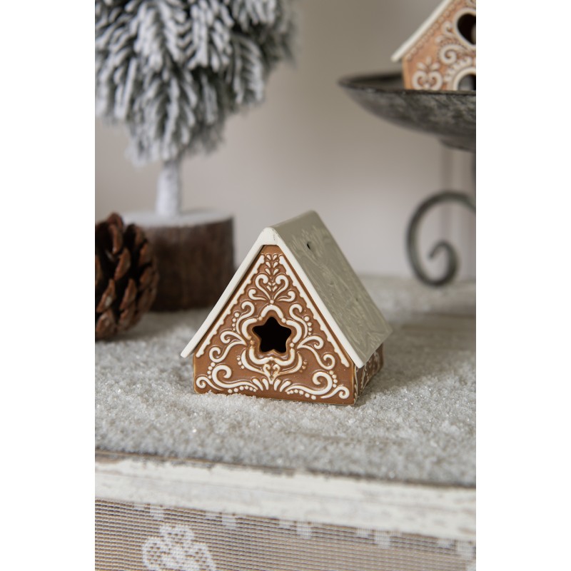 Clayre & Eef Teelichthalter Lebkuchenhaus 8x8x8 cm Braun Porzellan