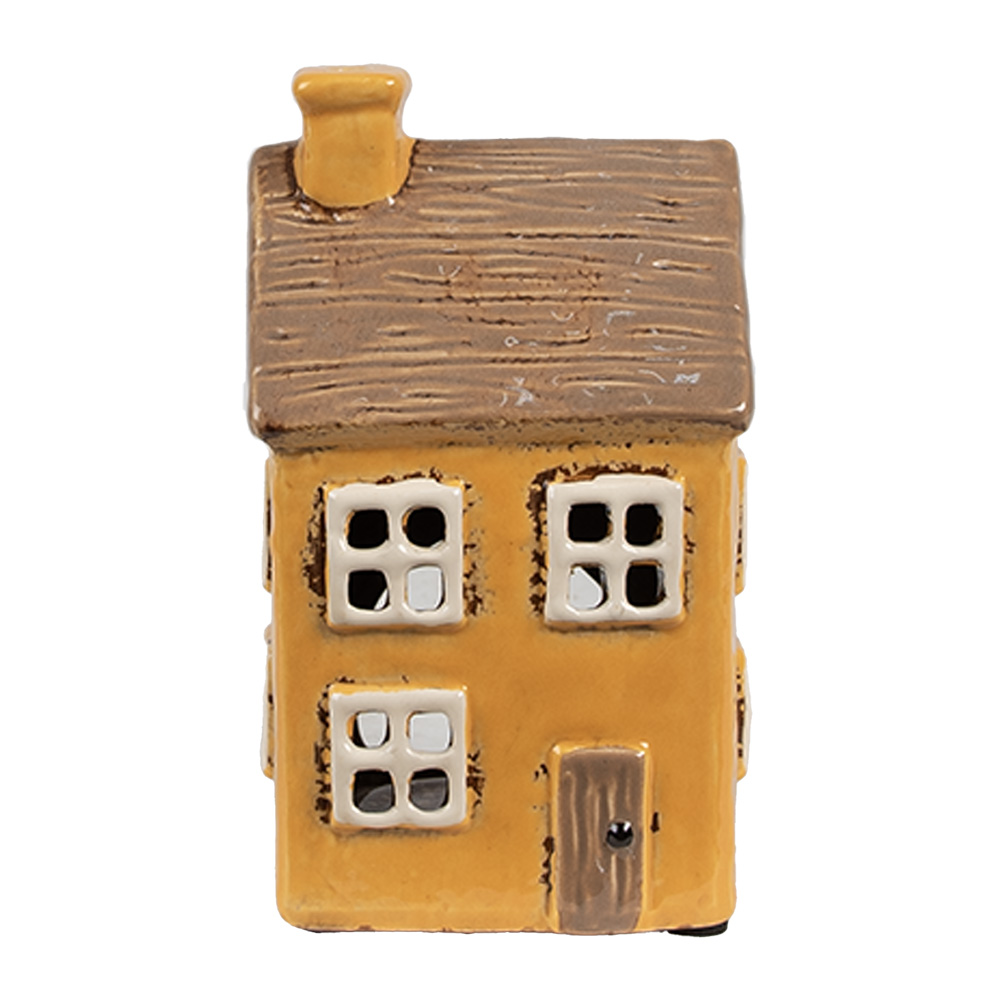 Clayre & Eef Waxinelichthouder Huis 9x9x15 cm Geel Bruin Keramiek afbeelding 1