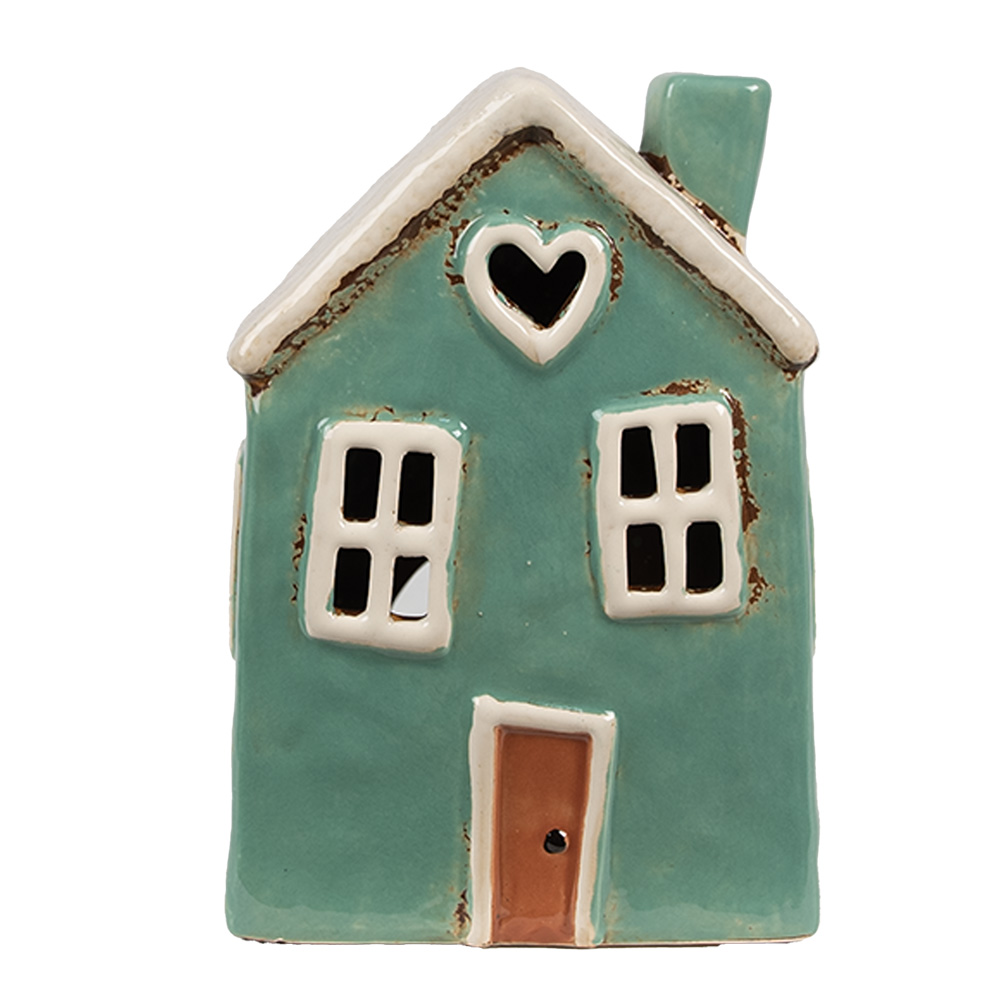 Clayre & Eef Waxinelichthouder Huis 13x9x18 cm Groen Beige Keramiek afbeelding