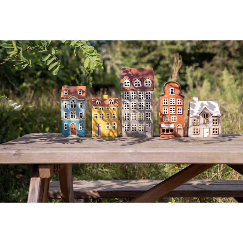 Clayre & Eef Tealight Holder House 11x9x22 cm Blue Brown Ceramic