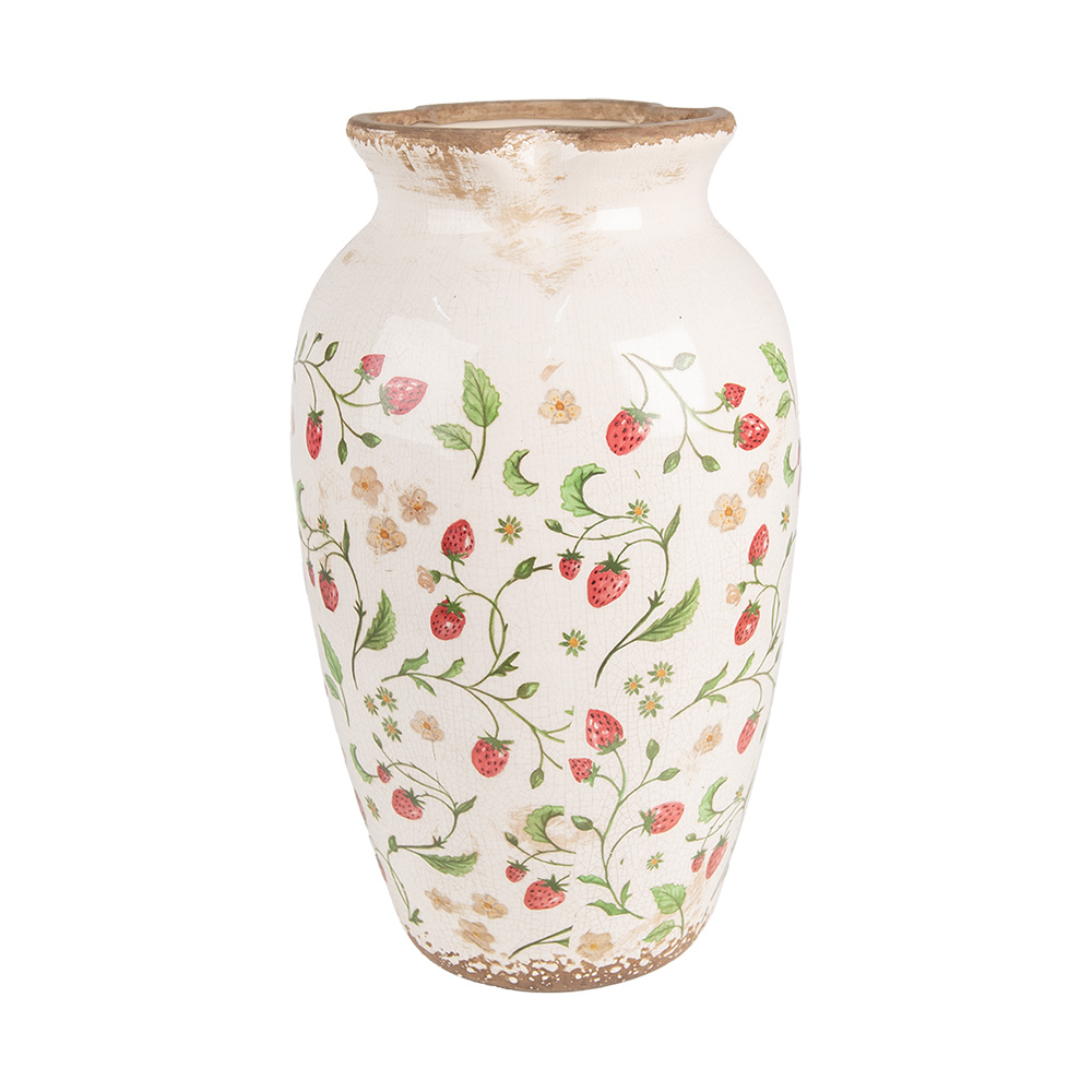 Clayre&Eef VaasØ 21x37 cm Beige Rood Keramiek Aardbeien afbeelding