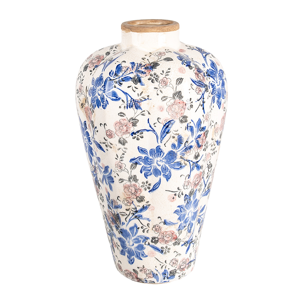 Clayre&Eef VaasØ 24x40 cm Beige Blauw Keramiek Bloemen afbeelding