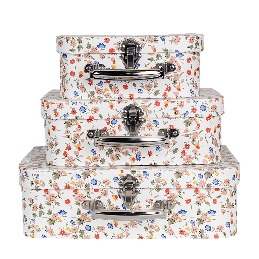 Clayre&Eef Decoratie Koffer Set van 3 30x22x9/25x20x9/20x17x8 cm Wit Karton Bloem afbeelding