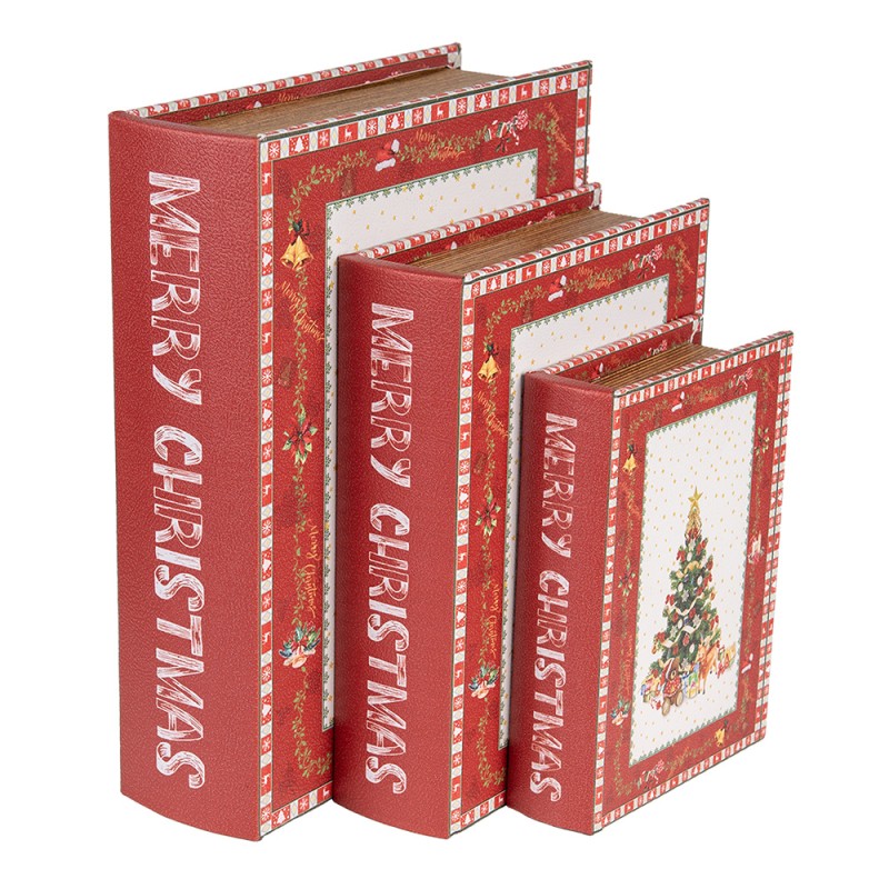 Clayre & Eef Scatola di archiviazione set di 3 Libri 27x22x7 / 22x17x6 / 17x12x4 cm Rosso MDF Albero di Natale