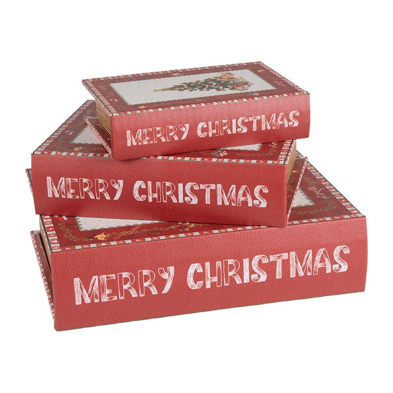 Clayre & Eef Scatola di archiviazione set di 3 Libri 27x22x7 / 22x17x6 / 17x12x4 cm Rosso MDF Albero di Natale