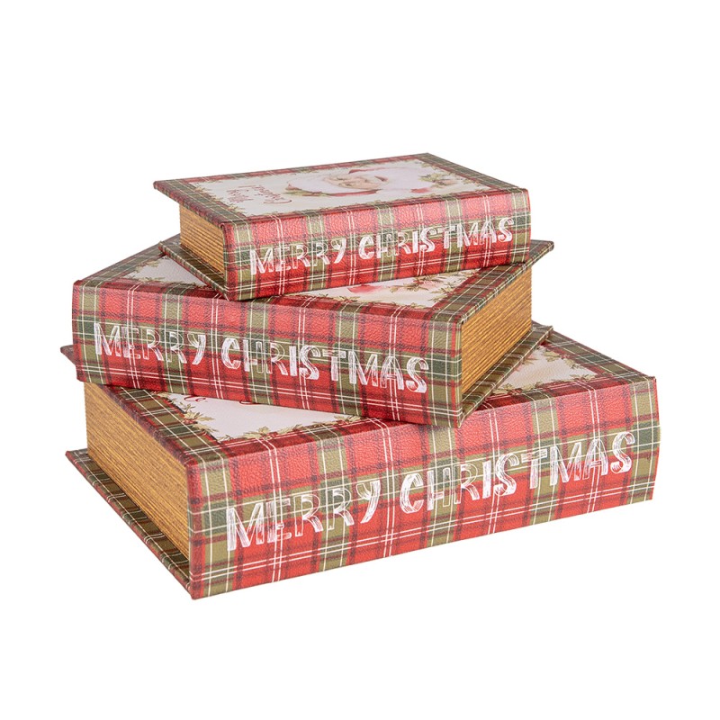 Clayre & Eef Scatola di archiviazione set di 3 Libri 27x22x7 / 22x17x6 / 17x12x4 cm Rosso Bianco MDF Babbo Natale