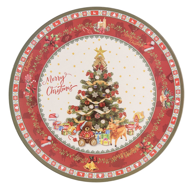 Clayre & Eef Sous-assiette Ø 33 cm Rouge Beige Plastique Rond Sapin de Noël Merry Christmas