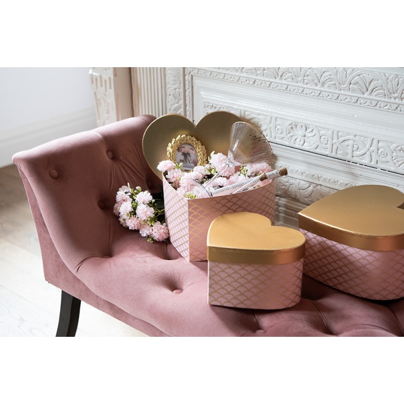 Clayre & Eef Storage Box Set of 3 27x24x15 / 24x21x14 / 21x19x12 cm Pink Gold colored Cardboard Heart-Shaped
