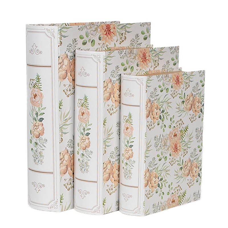 Clayre & Eef Opbergdoos Set van 3 Boeken 29x24x7/25x20x6/22x16x5 cm Wit Groen Karton Rechthoek Bloemen