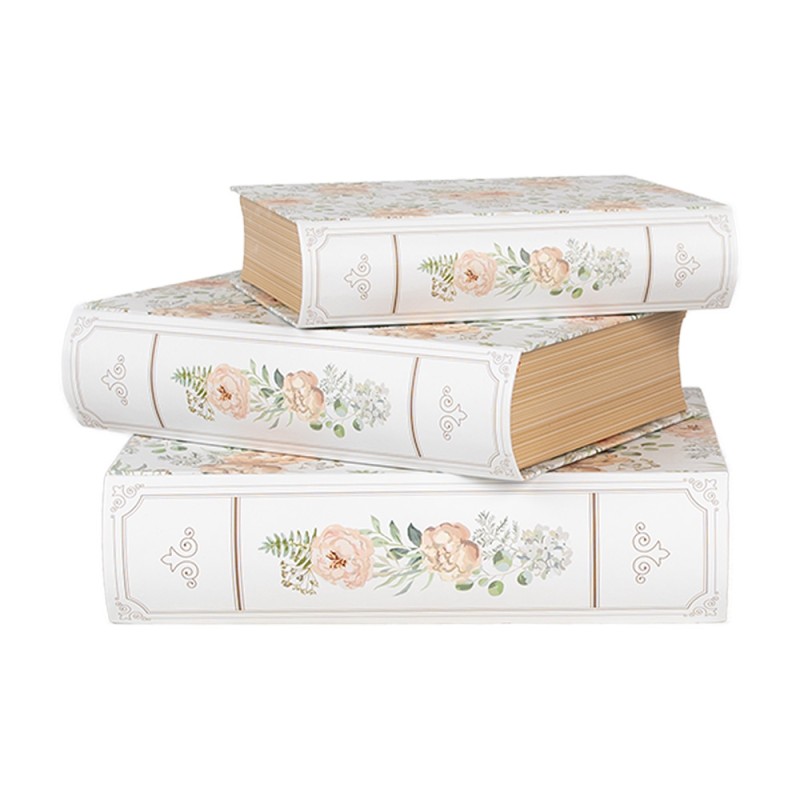 Clayre & Eef Opbergdoos Set van 3 Boeken 29x24x7/25x20x6/22x16x5 cm Wit Groen Karton Rechthoek Bloemen