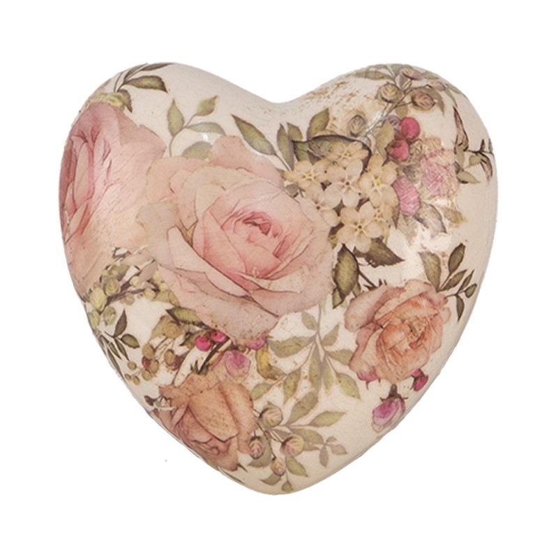 Clayre & Eef Dekoration Herz 11x11x4 cm Beige Rosa Keramik Blumen