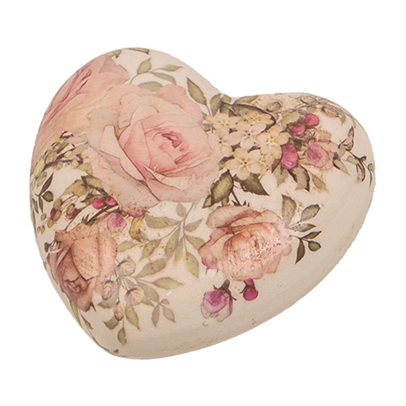 Clayre & Eef Dekoration Herz 11x11x4 cm Beige Rosa Keramik Blumen
