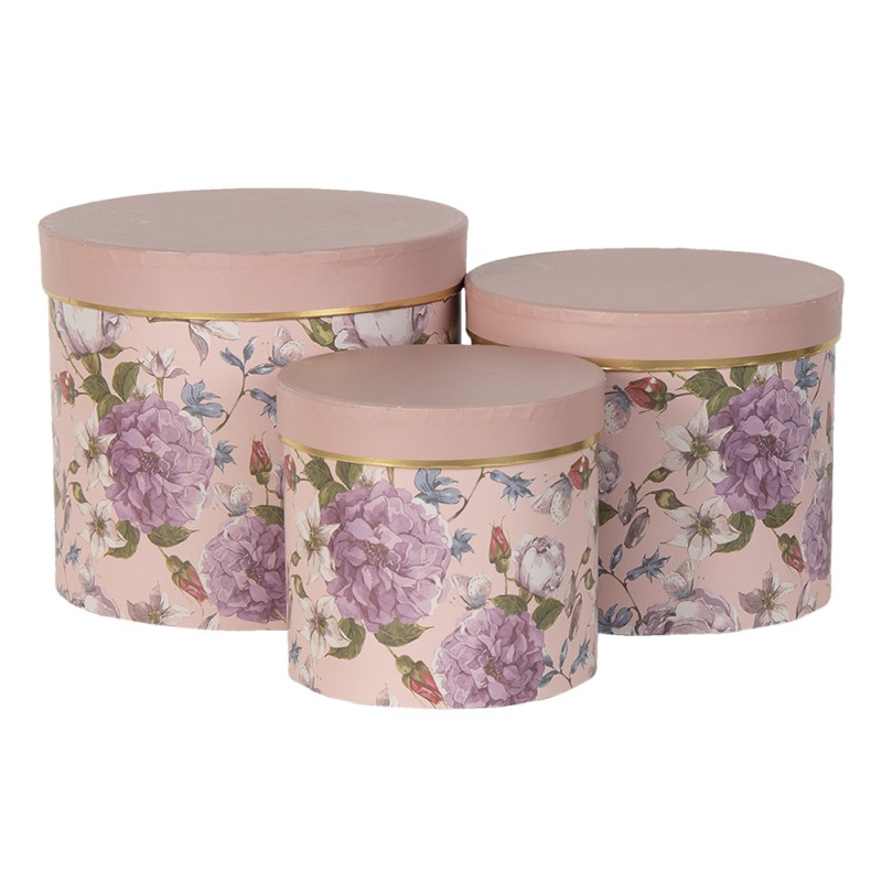 Clayre & Eef Hat Box Set of 3 Ø 20x17 / Ø 17x15 / Ø 14x13 cm Pink Cardboard Round Flowers