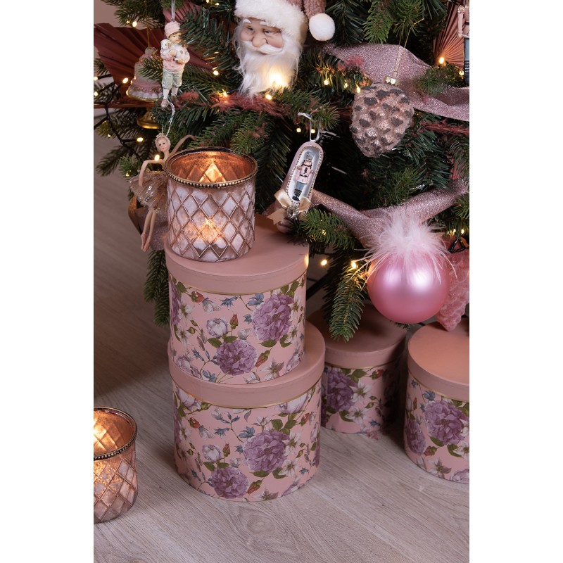 Clayre & Eef Hat Box Set of 3 Ø 20x17 / Ø 17x15 / Ø 14x13 cm Pink Cardboard Round Flowers