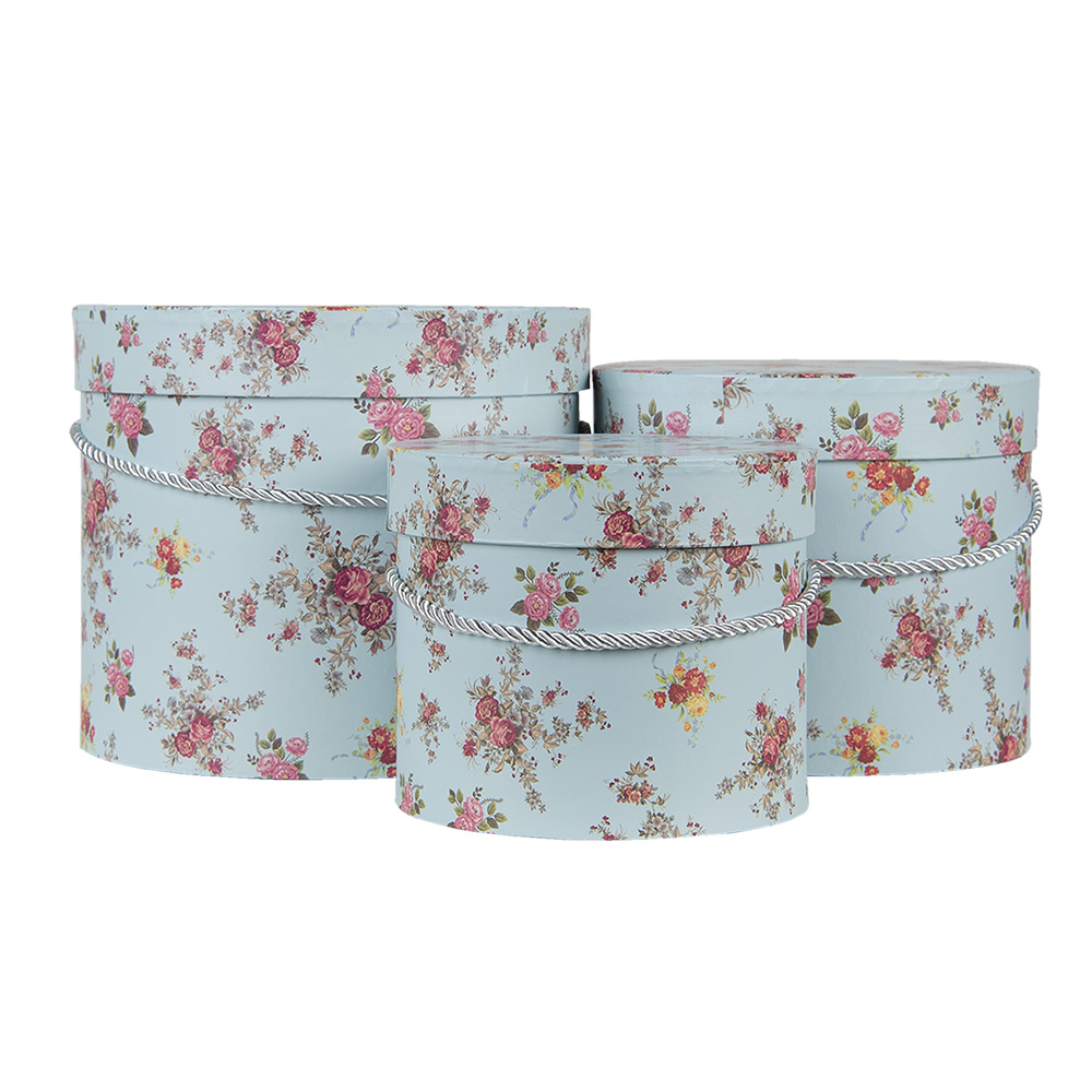 Clayre&Eef Hoedendoos Set van 3Ø 23x19 cm Blauw Roze Karton Bloemen afbeelding