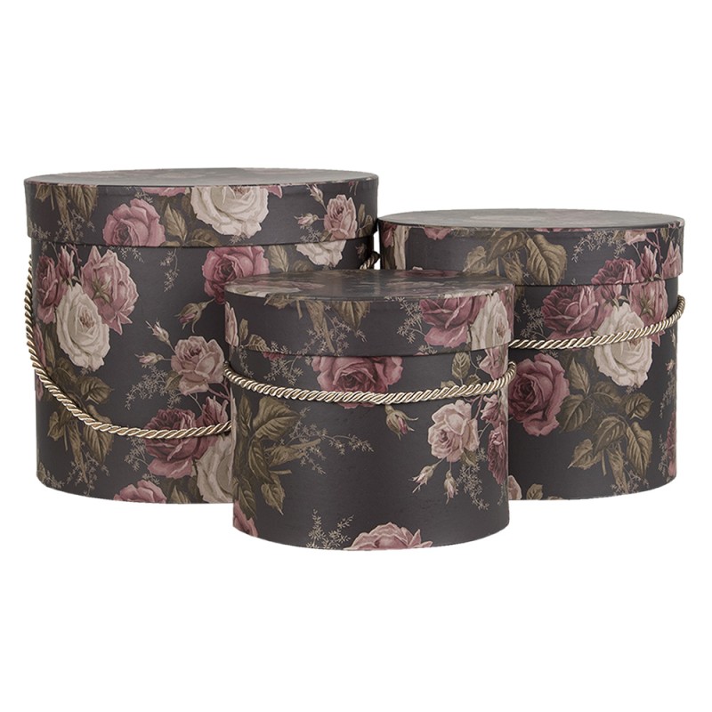 Clayre & Eef Hat Box Set of 3 Ø 23x20 cm Black Pink Cardboard Flowers