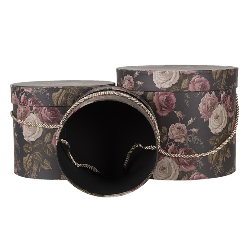 Clayre & Eef Hat Box Set of 3 Ø 23x20 cm Black Pink Cardboard Flowers