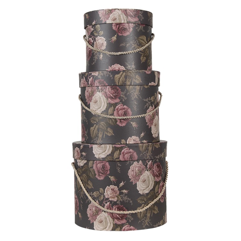 Clayre & Eef Hat Box Set of 3 Ø 23x20 cm Black Pink Cardboard Flowers