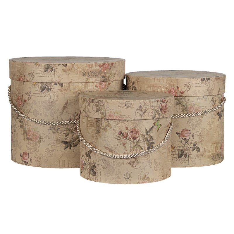 Clayre & Eef Hat Box Set of 3 Ø 23x20 cm Beige Pink Cardboard Flowers