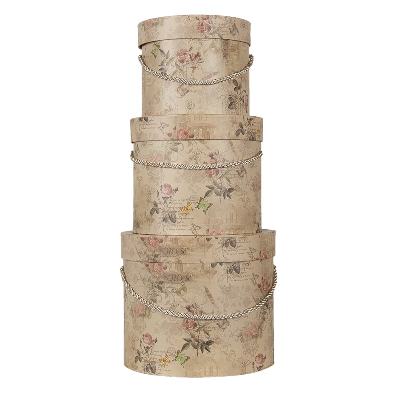 Clayre & Eef Hat Box Set of 3 Ø 23x20 cm Beige Pink Cardboard Flowers