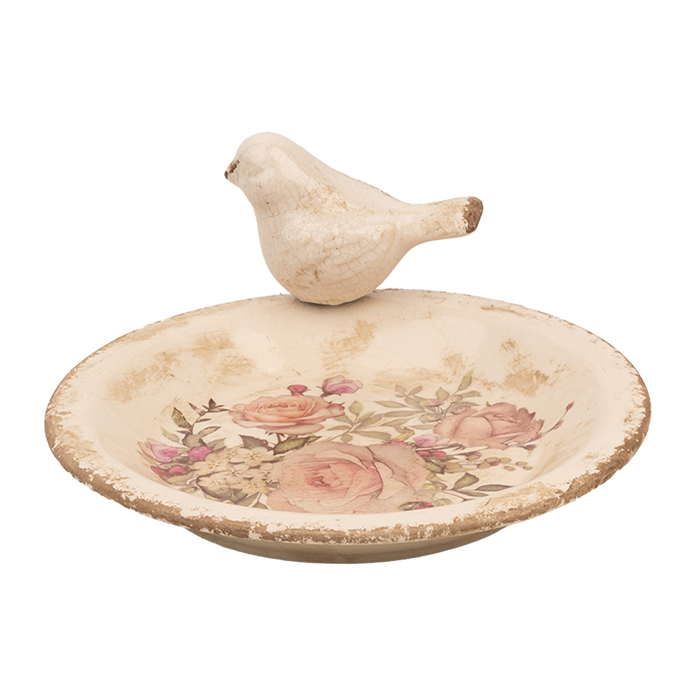 Clayre & Eef Vogelvoederbak Ø 21x10 cm Beige Keramiek Vogel afbeelding 1