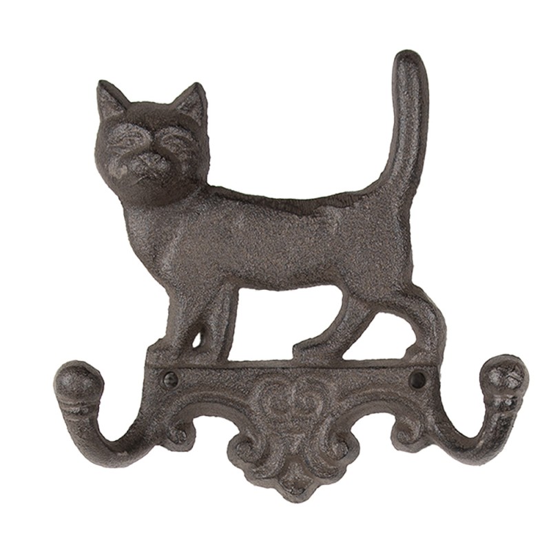 Clayre & Eef Wall Coat Rack Cat 16x4x16 cm Brown Metal