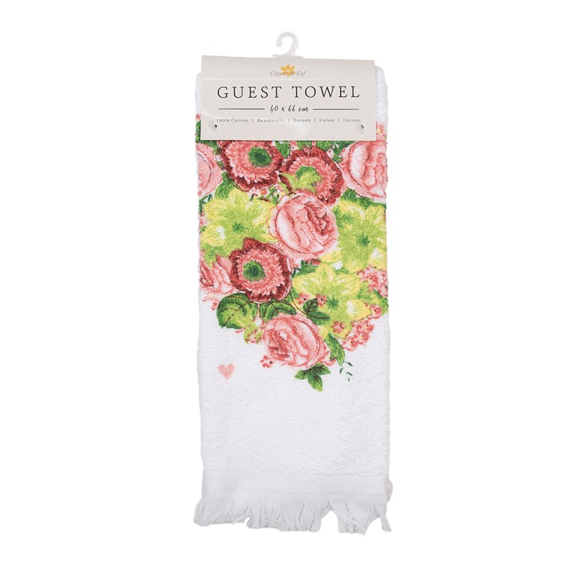 Clayre & Eef Serviette invité 40x66 cm Blanc Rose Coton Rectangle Coeur