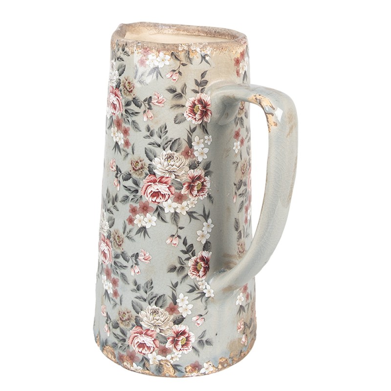 Clayre & Eef Dekorative Kanne 21x14x26 cm Grau Keramik Blumen