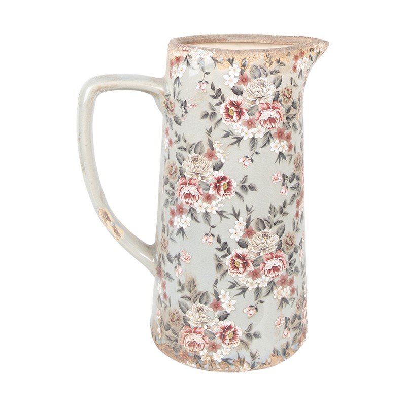 Clayre & Eef Dekorative Kanne 21x14x26 cm Grau Keramik Blumen