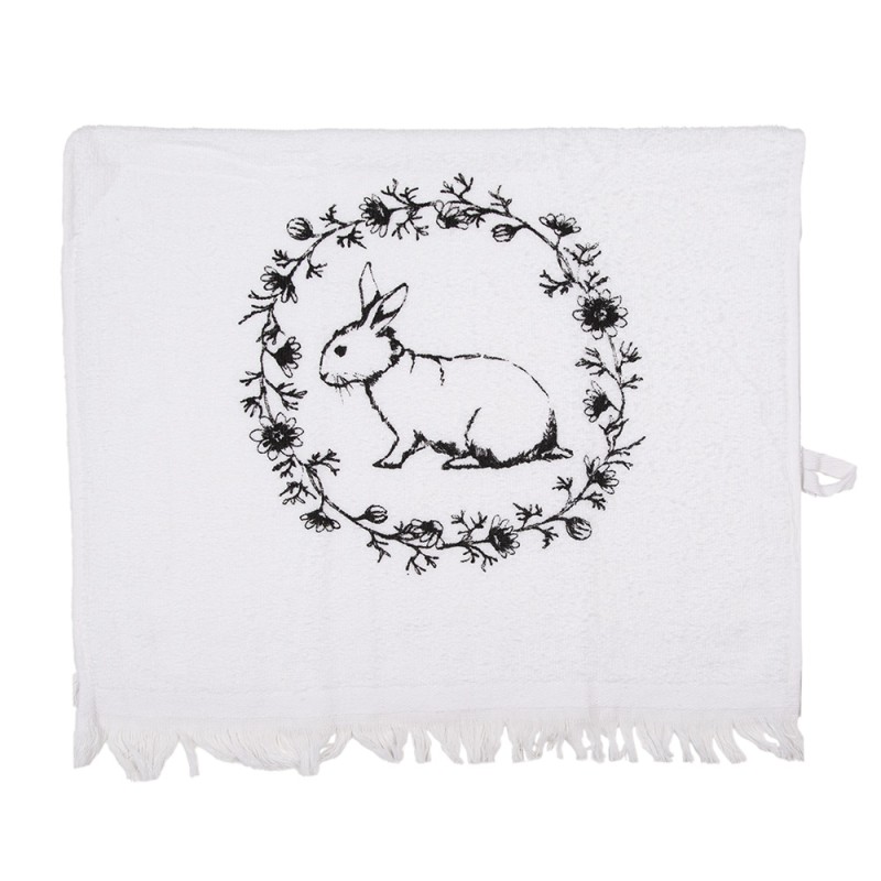 Clayre & Eef Guest Towel 40x66 cm White Black Cotton Rectangle Rabbit Flowers