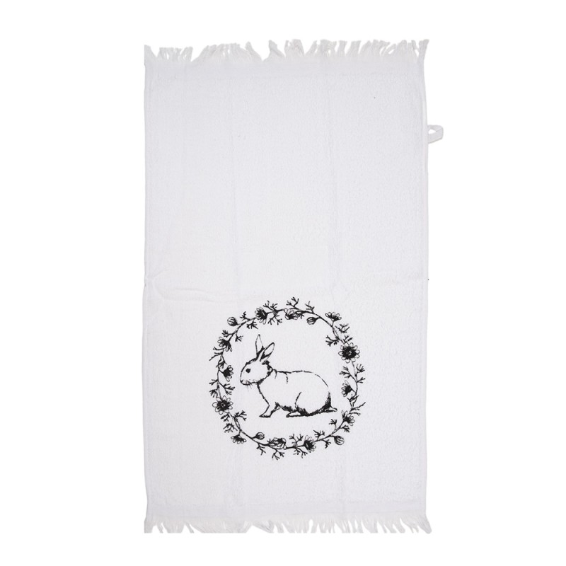 Clayre & Eef Guest Towel 40x66 cm White Black Cotton Rectangle Rabbit Flowers