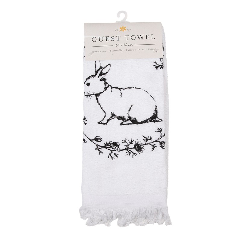 Clayre & Eef Guest Towel 40x66 cm White Black Cotton Rectangle Rabbit Flowers