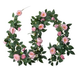 Clayre & Eef Kunstbloem Guirlande 180 cm Roze Groen Kunststof Rozen