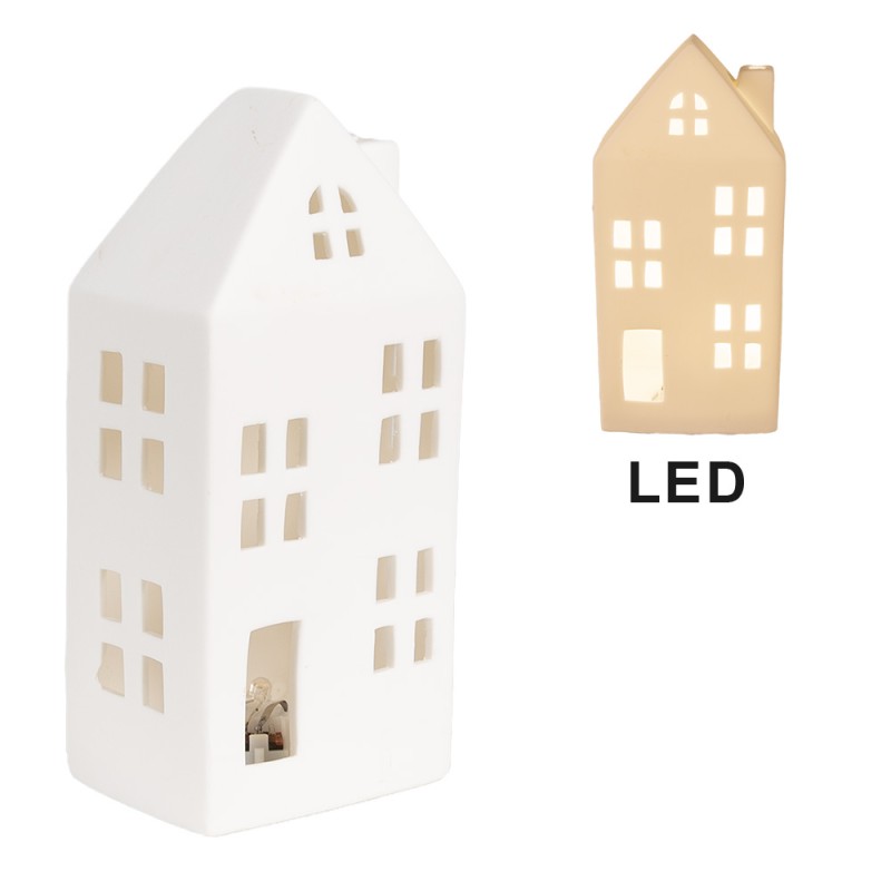 Clayre & Eef Decorative House with LED 7x6x15 cm White Porcelain