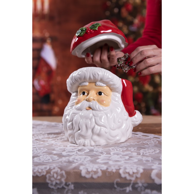 Clayre & Eef Couvercle de pot de stockage Père Noël 19x18x22 cm Blanc Rouge Céramique