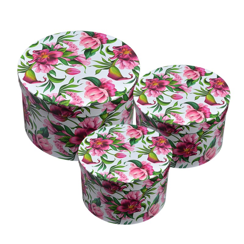 Clayre & Eef Opbergdoos Set van 3 Ø 26x15 / Ø 22x15 / Ø 19x14 cm Roze Karton Rond Bloemen