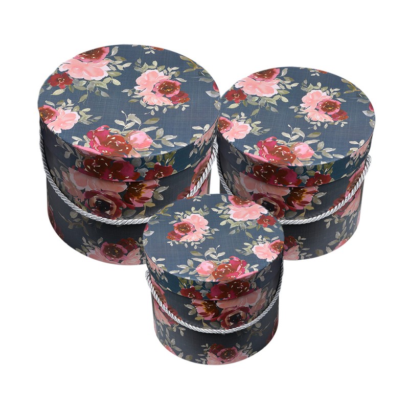 Clayre & Eef Opbergdoos Set van 3  Ø 23x20 / Ø 20x17 / Ø 17x14 cm Roze Karton Rond Bloemen