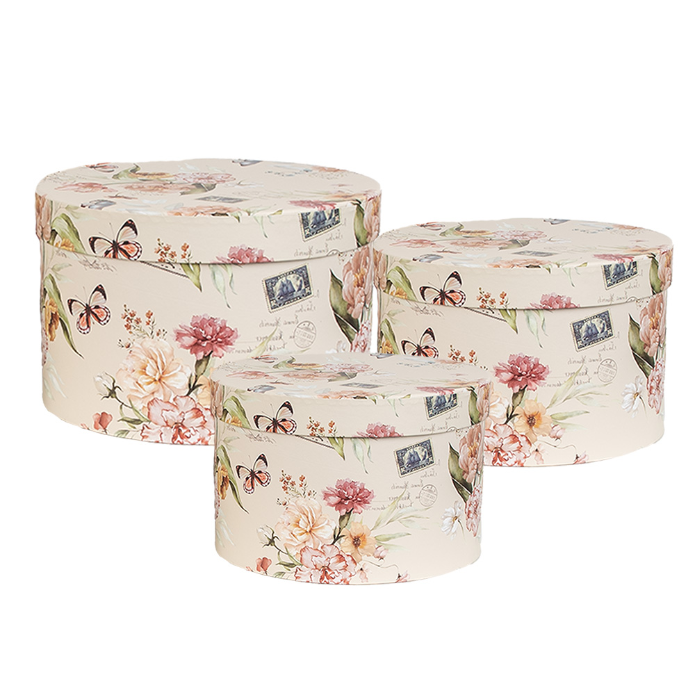 Clayre&Eef Opbergdoos Set van 3Ø 24x16 / Ø 22x15 / Ø 21x13 cm Beige Karton Bloemen afbeelding