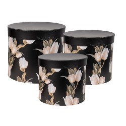 Clayre & Eef Scatola di archiviazione set di 3 Ø 24x21 / Ø 22x29/ Ø 19x18 cm Nero Cartone Rotondo Tulipani