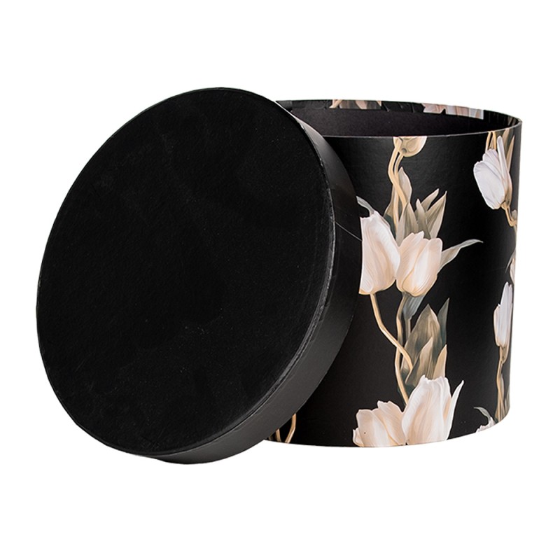 Clayre & Eef Boîte de rangement set de 3 Ø 24x21 / Ø 22x29/ Ø 19x18 cm Noir Carton Rond Tulipes